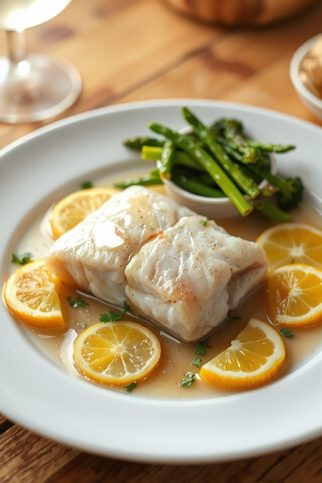 poached fish with flavorful broth